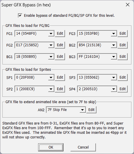 Screenshot of Lunar Magic's Super GFX Bypass window