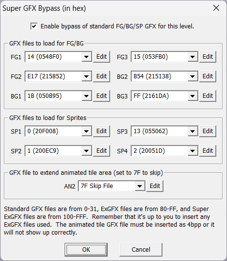 Screenshot of Lunar Magic's Super GFX Bypass window